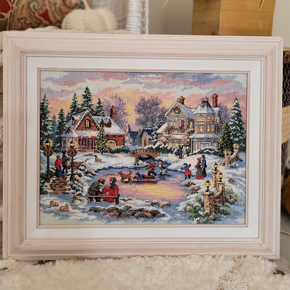 Other - Vintage Needlepoint Crewel Framed Christmas Sceen 16" x 12" Wall Art Framed